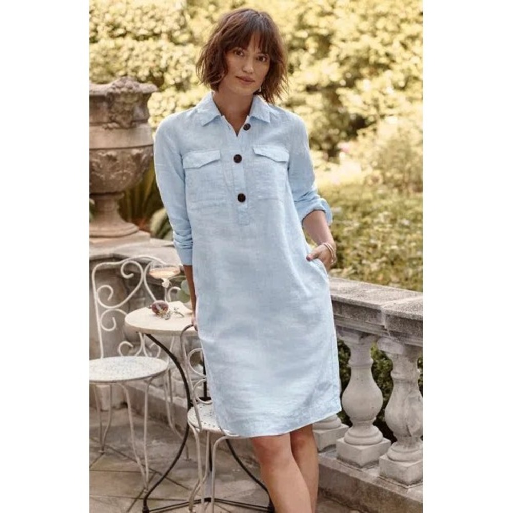 J. Jill Love Linen Light Blue Striped Popover Shirt Dress XS Pockets Long Sleeve